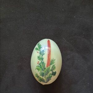 Vintage 70s or 80s Handpainted Real Egg Ornament with Holly and Candle Design